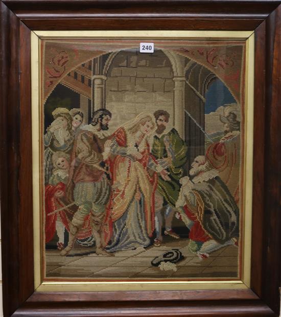 A Victorian woolwork tapestry and a mother of pearl-inlaid pole screen